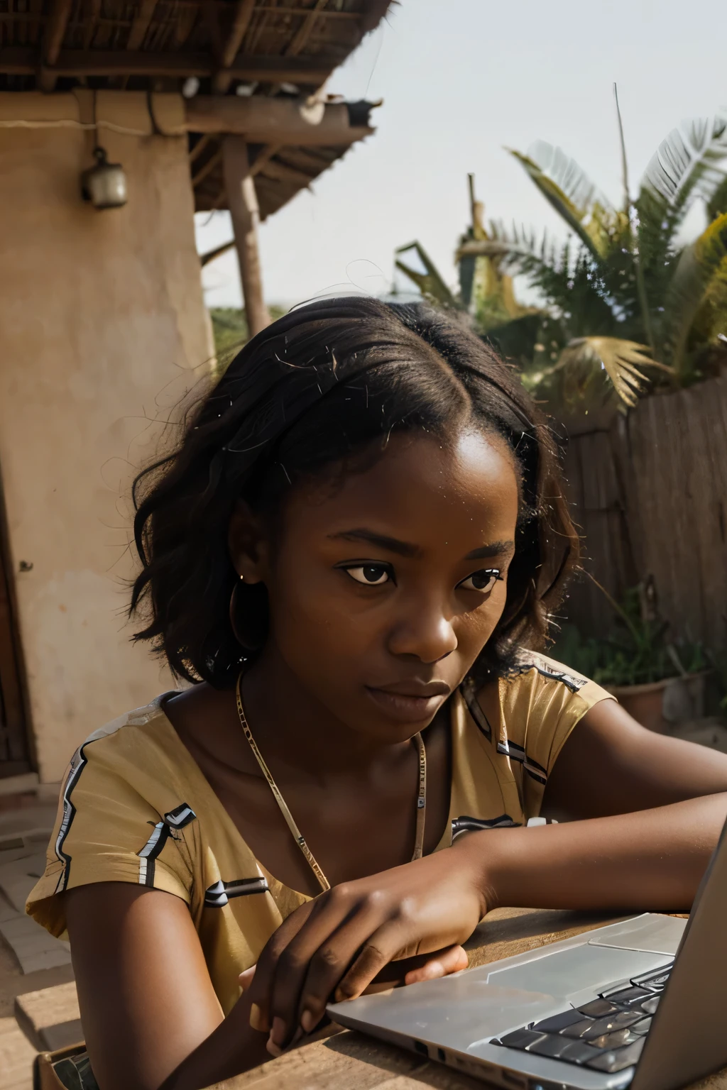 Book smart person (african girl) pondering about something with using the laptop