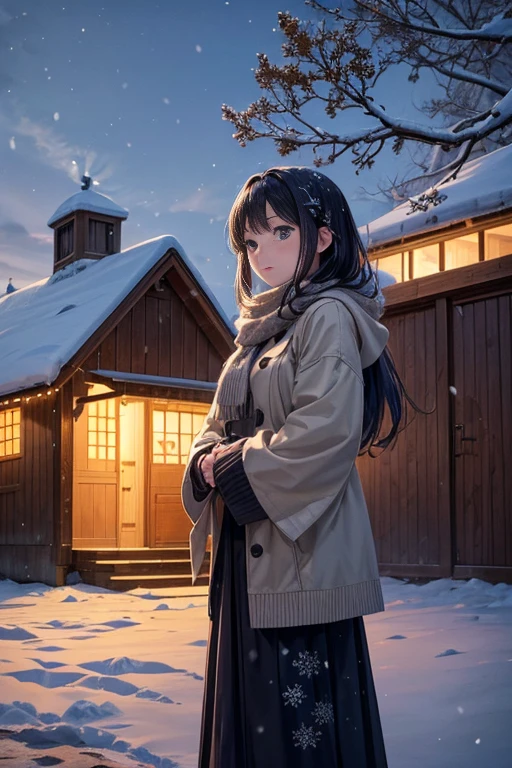 (best quality,4k,8k,highres,masterpiece:1.2),ultra-detailed,(realistic,photorealistic,photo-realistic:1.37)
Anime character standing in front of a snow-covered barn on a rooftop, with small snowflakes falling gently, surrounded by autumn leaves. The character is in anime style, with vibrant colors and intricate details that capture the essence of anime art. The scene is reminiscent of a screenshot from an animated movie or a popular anime series, showcasing the exquisite animation and storytelling. The character is from the anime "Tamayura," radiating a sense of charm and innocence. The barn is beautifully rendered, capturing the rustic textures and architectural elements. The lighting is soft, casting a warm glow on the scene, highlighting the character's silhouette against the snow and autumn foliage. The color palette is vibrant and saturated, with a mix of warm and cool tones, enhancing the overall visual impact. The snowflakes add a touch of magic and whimsy to the scene, creating an enchanting atmosphere.