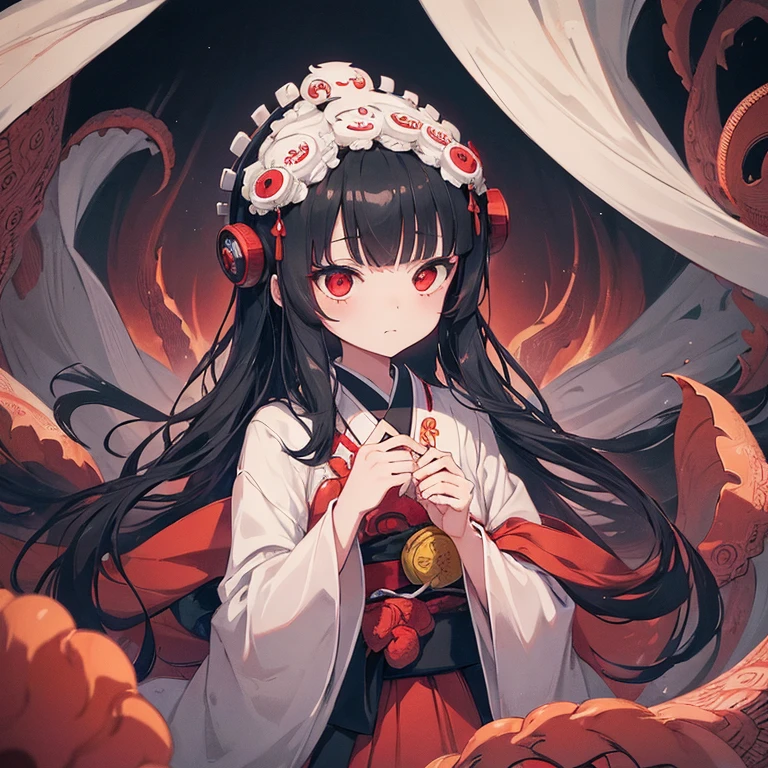 (1 girl:1.2), alone, Hime cut,japanese traditional clothing, red eyes,cartoon style, Joe Fenton, a black and white photo of deadpan, camp, unbecoming, gnawling, envy, Ghast (lovecraftian),Calm, soft smile, Wayne Barlowe,, in gochuumon wa usagi desu ka? style, nostalgic