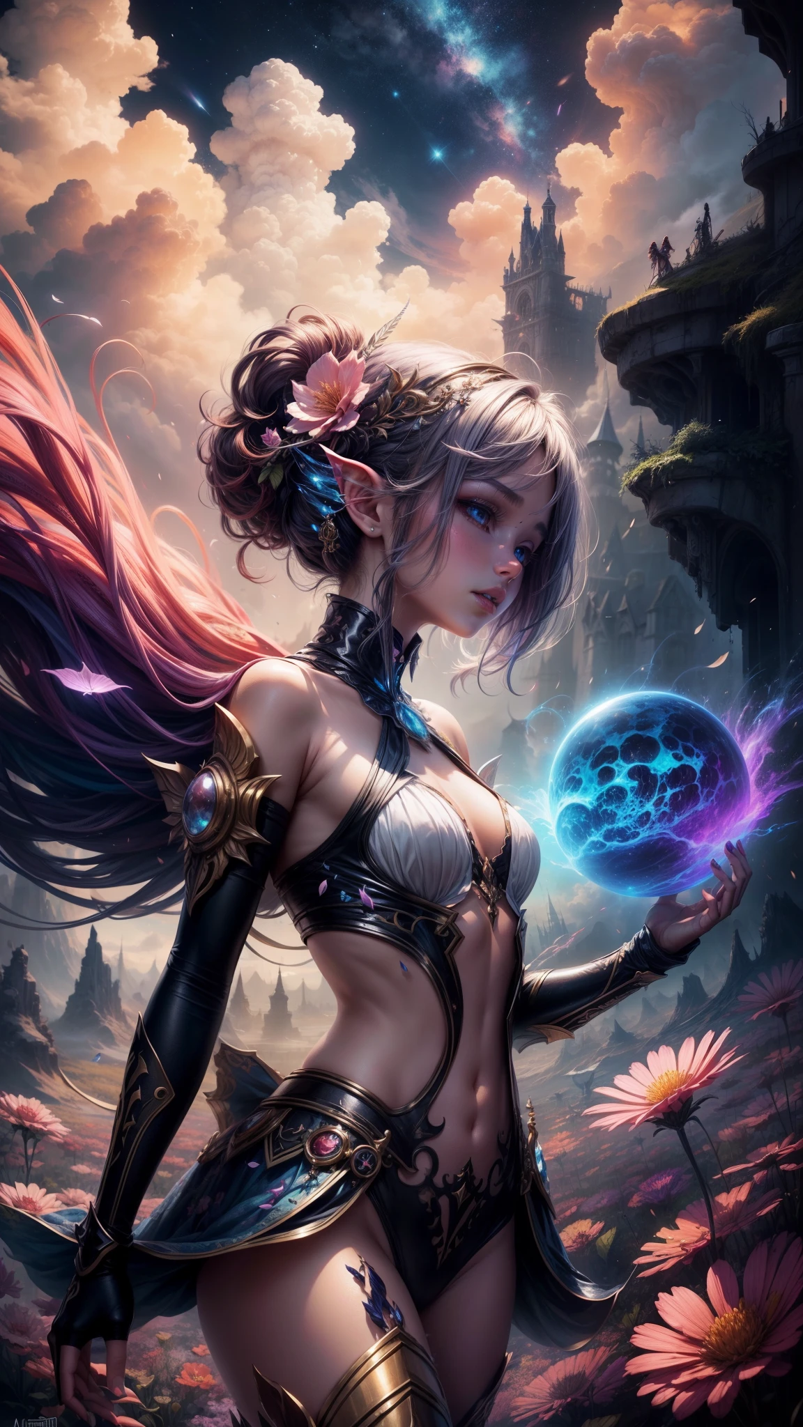 "((Fantasy art)) featuring an alien girl immersed in a celestial symphony, clouds transforming into vibrant splashes, flowers scattered like notes in the wind, a visual orchestration of color and wonder"