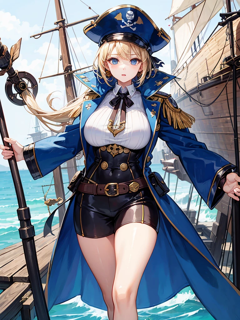（（（masterpiece、Highest image quality、highest quality、highly detailed unity 8ｋwallpaper）））、（（Illustration of one girl、upper body））、（（（beautiful girl）））、（fantasy、female pirate）、（blonde、short ponytail：1.2、light blue eyes）、（（（The right arm is a steampunk-style prosthetic arm.）））、（（tall））、bulky figure, massive frame, thick neck, sturdy arms, powerful legs、（captain&#39;s suit、Pirate hat、Blue coat）、standing on the pier、pirate ship、Wooden sailing ship