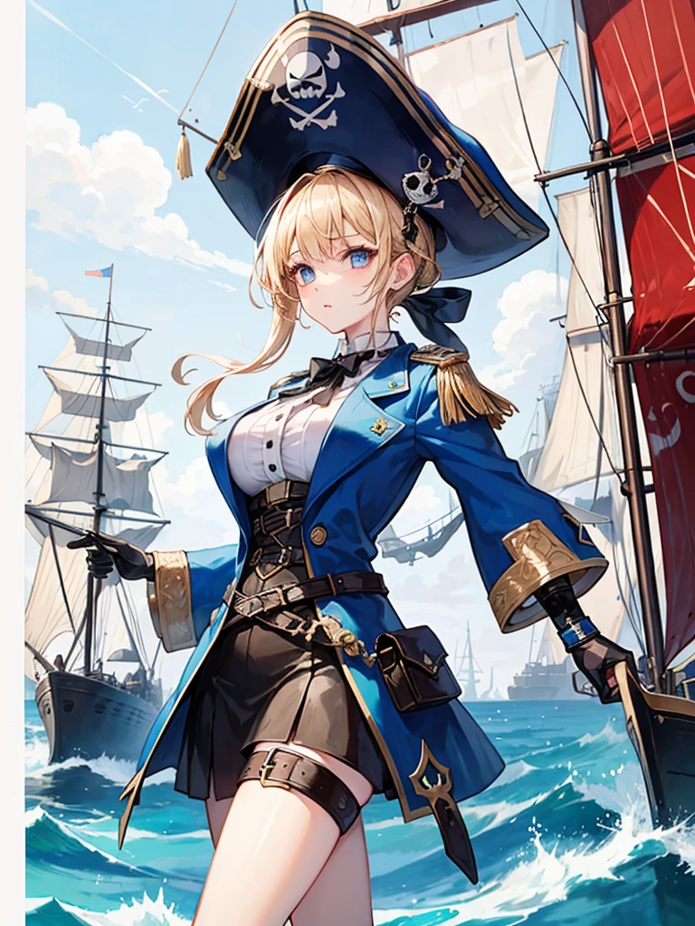 (((masterpiece、Highest image quality、highest quality、highly detailed unity 8kwallpaper)))、((Illustration of one girl、upper body))、(((beautiful girl)))、(fantasy、female pirate)、(blonde、short ponytail:1.2、light blue eyes)、(((The right arm is a steampunk-style prosthetic arm.)))、((tall))、bulky figure, massive frame, thick neck, sturdy arms, powerful legs、(captain's suit、Pirate hat、Blue coat)、standing on the pier、pirate ship、Wooden sailing ship