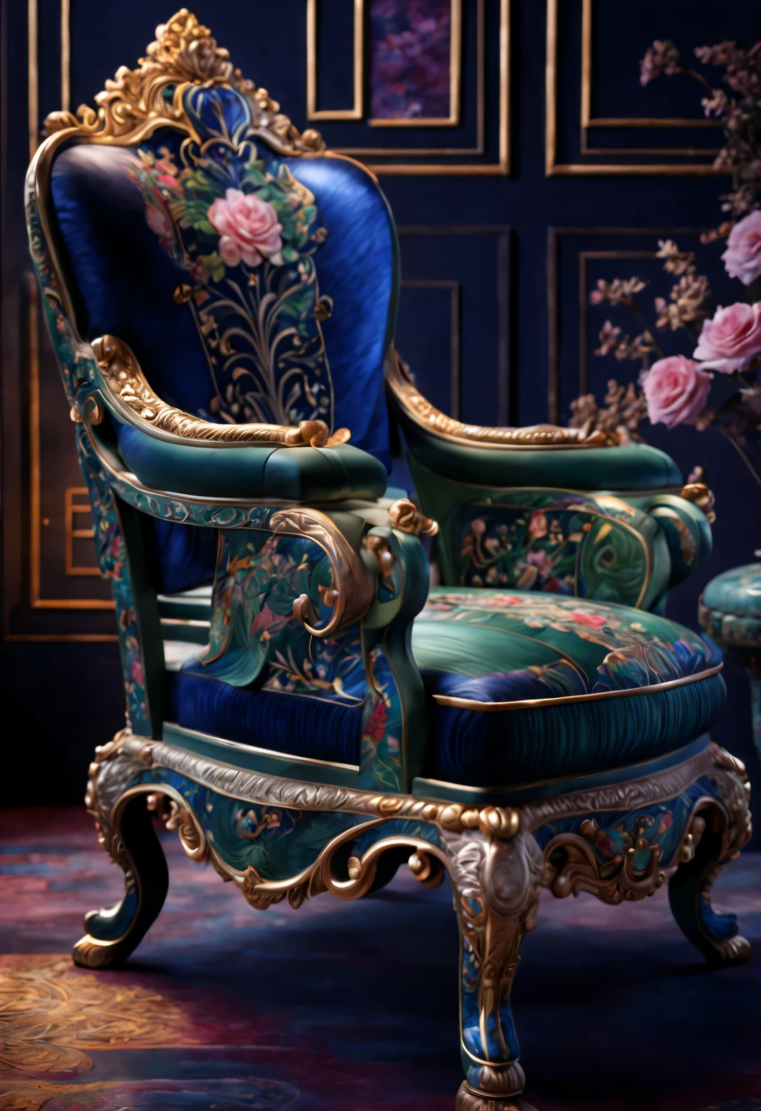 ultra high definition, masterpiece, Accurate, Super details, high detail, high quality, Award-winning, best quality, high-rise, 16k, ambientlighting, background: simple gold,
an art deco, (Close-up of the front of the chair), (Chinese cloisonné style),
The imperial palace chair inlaid with cloisonn é is a traditional furniture made of high-quality white acid branch wood. Made of copper wire enamel,The chair has exquisite patterns on its surface. These patterns are made using the cloisonné process. The seat of the chair is round, The seat plate is square,
The color of the chair is sky blue (light blue), Sapphire blue (lapis lazuli), Red, verde claro, Dark Green (semi transparent exitite color), white (car curve color), purple (Glass texture amethyst color), magenta (rose), and emerald blue,
The chair is inlaid with rubies, emeralds, lapis lazuli, black mussels, exit, pearl, and coloRed glass
It has a very rich decorative technique, dignified and gorgeous appearance, Simple and clear, Highlight the luxurious and rich visual aesthetics,
