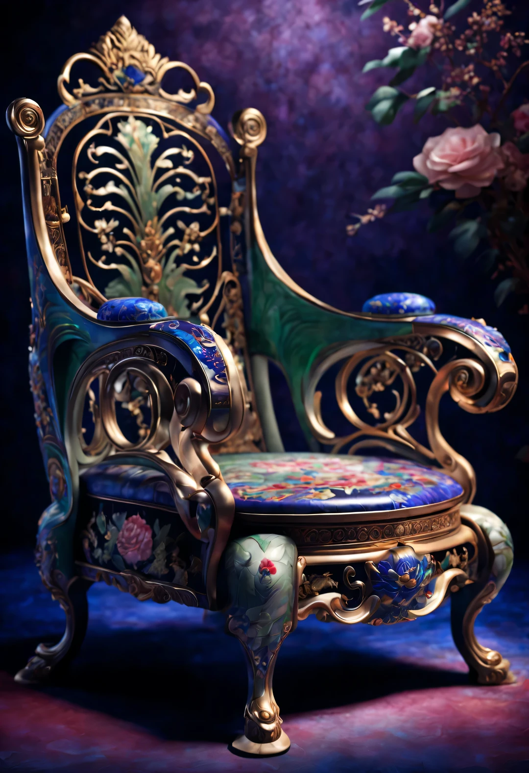 ultra high definition, masterpiece, Accurate, Super details, high detail, high quality, Award-winning, best quality, high-rise, 16k, ambientlighting, background: simple gold,
an art deco, (Close-up of the front of the chair), (Chinese cloisonné style),
The imperial palace chair inlaid with cloisonn é is a traditional furniture made of high-quality white acid branch wood. Made of copper wire enamel,The chair has exquisite patterns on its surface. These patterns are made using the cloisonné process. The seat of the chair is round, The seat plate is square,
The color of the chair is sky blue (light blue), Sapphire blue (lapis lazuli), Red, verde claro, Dark Green (semi transparent exitite color), white (car curve color), purple (Glass texture amethyst color), magenta (rose), and emerald blue,
The chair is inlaid with rubies, emeralds, lapis lazuli, black mussels, exit, pearl, and coloRed glass
It has a very rich decorative technique, dignified and gorgeous appearance, Simple and clear, Highlight the luxurious and rich visual aesthetics,