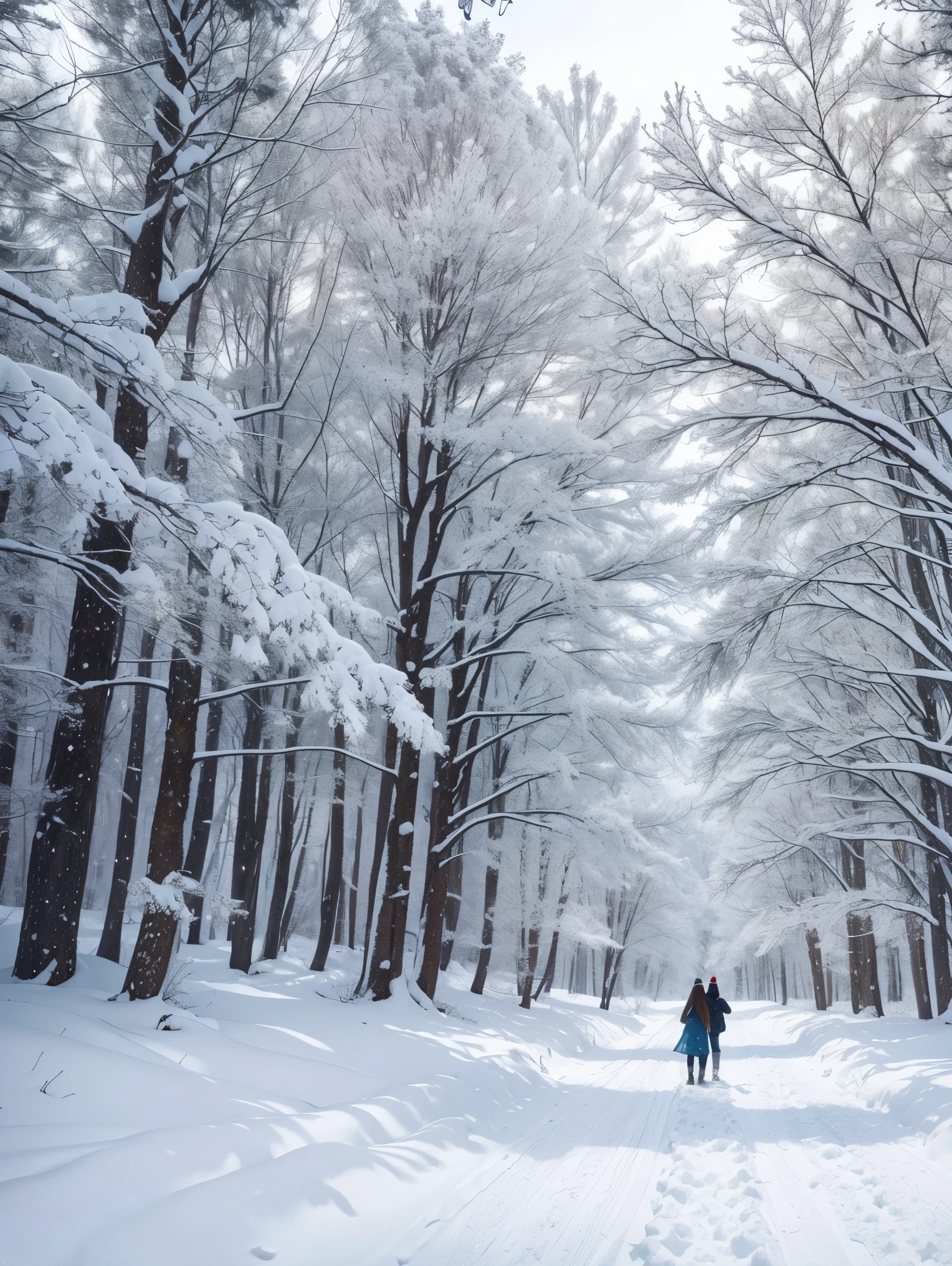 (best quality,highres,ultra-detailed,realistic),white,silver-covered world, snow-covered tree branches, cold winter touch, dancing snowflakes like elves, turning the world into a silver fairy tale, howling cold wind, serene and beautiful snow scenery, heartwarming tranquility