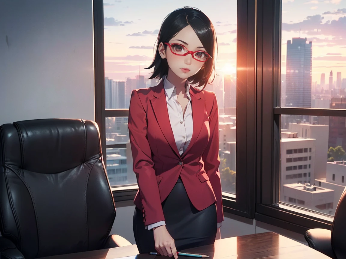 (((Sarada Uchiha, seios pequenos, meeting room))), ((Sarada Uchiha, alone, sozinha, melhor qualidade, seios pequenos, small breasts, In an office, window with landscape of a metropolis, raios de Sol)), ((altamente detalhado)), obra de arte, (olhos detalhados, olhos profundos), (2 s, duo, identical twins, Clones, doppelganger), tiro de vaqueiro, sunset., (cabelo curto, (cabelo preto e curto:1.1), wearing prescription glasses, olhos pretos), QUEBRAR, water eyes, ((office clothes, saia suit, blazer, red dress shirt, mangas compridas, pencil skirt, tight saia, pernas nuas, salto alto, lipstick)), altamente detalhado faces, altamente detalhado bodies, mnstfc, saia, batom rosa