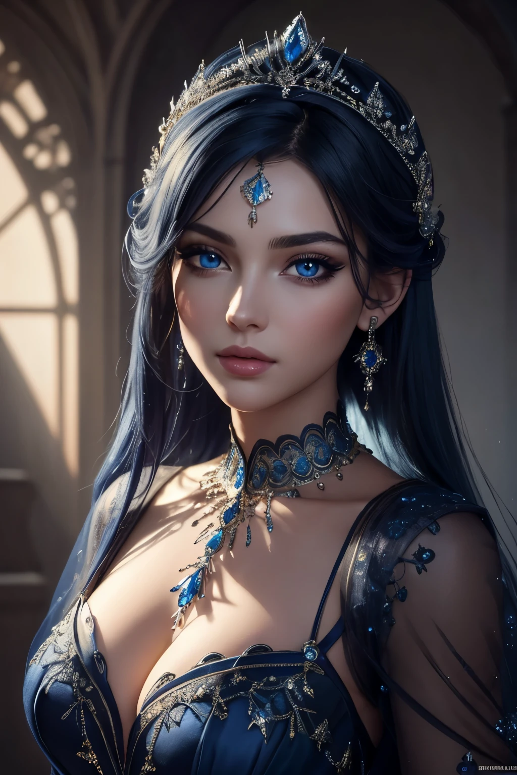 true masterpiece, a beautiful gorgeous fairy princess woman, dark blue hair, dark blue eyes, symmetrical eyes, detailed eyes, high quality eyes, perfect eyes, dark blue dress, perfect face, dark blue eyeshadow makeup on her eyes, eyeliner, very long beautiful eyelashes, dark blue necklacke, dark blue tiara on her head, high quality face, gentle face, realistic, photorealistic, shiny skin, (masterpiece:1.5), concept art, intricate details, highly detailed, octane render, 8k, unreal engine, dynamic pose, best quality, highres, pale skin, beautiful makeup, stunning beauty, very long eyelashes, 32k, high dynamic range, ultra realistic, highly detailed, high definition, extraordinary, stunning, beautiful, serene, normal proportions, perfect anatomy, realistic face, realistic eyes, highly detailed face, highly detailed body, high details, intricate clothing, glowing shadows, beautiful gradient, depth of field, clean image, extremely detailed face, highly detailed background, perfection, dreamy, gentle face, flowing, bright, bright background, sparkles in background, rays of light, plump lips, dazzling eyes, foreground, top of her dress is visible