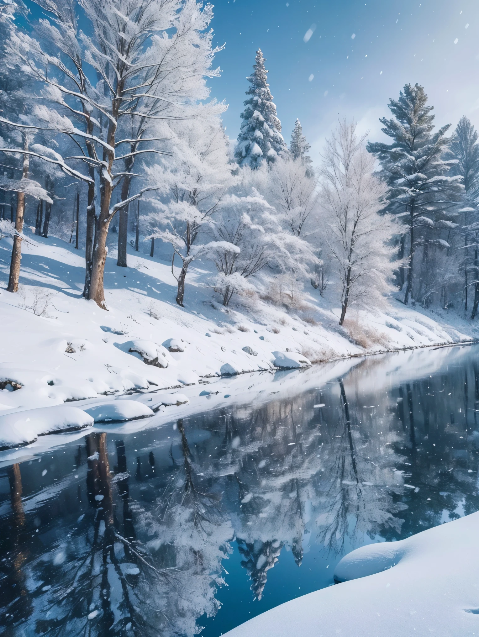 (best quality,highres,ultra-detailed,realistic),white,silver-covered world, snow-covered tree branches, cold winter touch, dancing snowflakes like elves, turning the world into a silver fairy tale, howling cold wind, serene and beautiful snow scenery, heartwarming tranquility