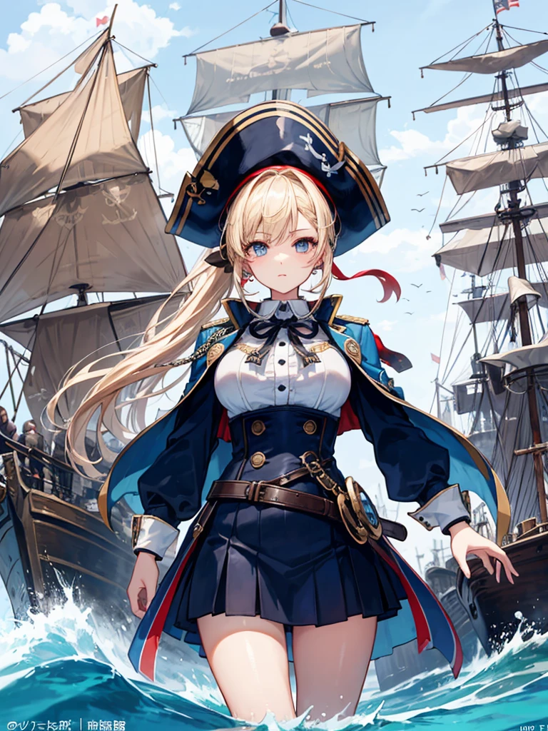 (((masterpiece、Highest image quality、highest quality、highly detailed unity 8kwallpaper)))、((Illustration of one girl、upper body))、(((beautiful girl)))、(fantasy、female pirate)、(blonde、short ponytail:1.2、light blue eyes)、(((The right hand is a steampunk-style prosthetic hand.)))、((tall))、bulky figure, massive frame, thick neck, sturdy arms, powerful legs、(captain's suit、Pirate hat、Blue coat)、standing on the pier、pirate ship、Wooden sailing ship