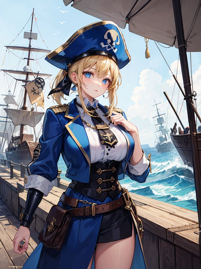 (((masterpiece、Highest image quality、highest quality、highly detailed unity 8kwallpaper)))、((Illustration of one girl、upper body))、(((beautiful girl)))、(fantasy、female pirate)、(blonde、short ponytail:1.2、light blue eyes)、(((The right hand is a steampunk-style prosthetic hand.)))、((tall))、bulky figure, massive frame, thick neck, sturdy arms, powerful legs、(captain's suit、Pirate hat、Blue coat)、standing on the pier、pirate ship、Wooden sailing ship
