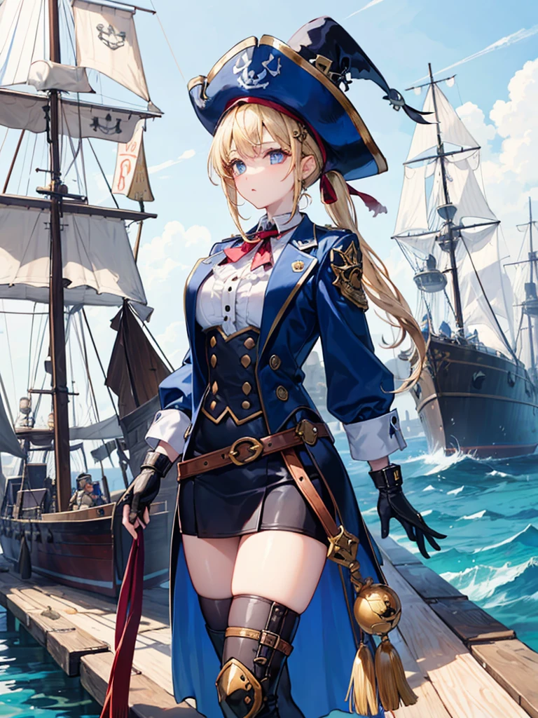 （（（masterpiece、Highest image quality、highest quality、highly detailed unity 8ｋwallpaper）））、（（Illustration of one girl、upper body））、（（（beautiful girl）））、（fantasy、female pirate）、（blonde、short ponytail：1.2、light blue eyes）、（（（The right hand is a steampunk-style prosthetic hand.）））、（（tall））、bulky figure, massive frame, thick neck, sturdy arms, powerful legs、（captain&#39;s suit、Pirate hat、Blue coat）、standing on the pier、pirate ship、Wooden sailing ship