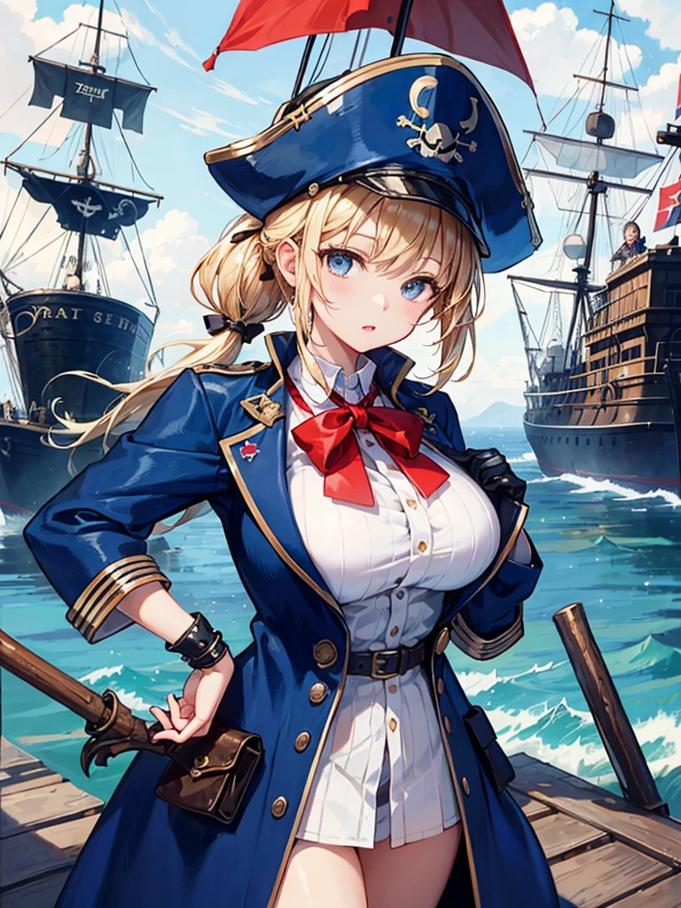 （（（masterpiece、Highest image quality、highest quality、highly detailed unity 8ｋwallpaper）））、（（Illustration of one girl、upper body））、（（（beautiful girl）））、（fantasy、female pirate）、（blonde、short ponytail：1.2、light blue eyes）、（（（The right hand is a steampunk-style prosthetic hand.）））、（（tall））、bulky figure, massive frame, thick neck, sturdy arms, powerful legs、（captain&#39;s suit、Pirate hat、Blue coat）、standing on the pier、pirate ship、Wooden sailing ship