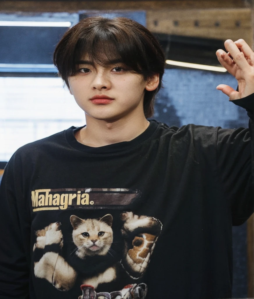 hay un joven con una camisa negra y una camiseta de gato, Jung Jaehyun, Jinyoung Shin, jungkook, Jinyoung Shin aesthetic, kim doyoung, cai xukun, yoongi de pelo negro, hyung tae, cuchilla del grupo de drenaje, TaeJune Kim, shin jeongho, pale korean adorable face, inspirado en jeonseok lee, mirada amenazadora
