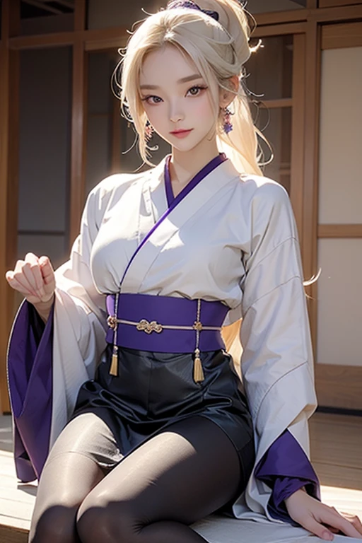 masterpiece，best quality，Golden-white hair，Hair tied into a high ponytail，Purple midriff-baring tights，Big breasts，Purple skirt, Wear black mesh on legs，Alafid woman in purple kimono posing for photo, japanese goddess, Wearing a kimono, beautiful south korean woman, korean girl, Japanese model, traditional beauty, korean woman, Wearing a kimono, Gorgeous Chinese model, seductive anime girls, Beautiful charming anime woman, real life anime girls, gorgeous young korean woman, attractive pose, Anime Girls Cosplay