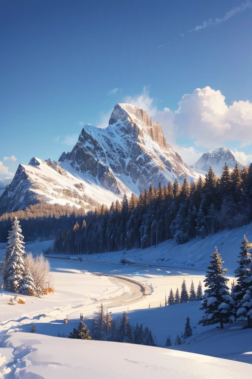 (best quality,4k,8k,highres,masterpiece:1.2),ultra-detailed,realistic, snowy mountain scene with trees and clouds in the background, winter conceptual art, snowy environment, snow field, snowy landscape, snowy mountains in the background, snowy wasteland, snowy scenery, snowy background, winter painting, random background scene, snowy mountains, snowy mountain landscape, winter scenic fantasy, landscape artwork, background artwork, speed paint, anime scenery.