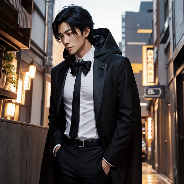 real japanese handsome、double eyelids、black hair、Tuxedo、cloak