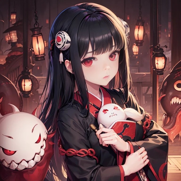 (1 girl:1.2), alone, Hime cut,japanese traditional clothing, red eyes,cartoon style, Joe Fenton, a black and white photo of deadpan, camp, unbecoming, gnawling, envy, Ghast (lovecraftian),Calm, soft smile, Wayne Barlowe,, in gochuumon wa usagi desu ka? style, nostalgic