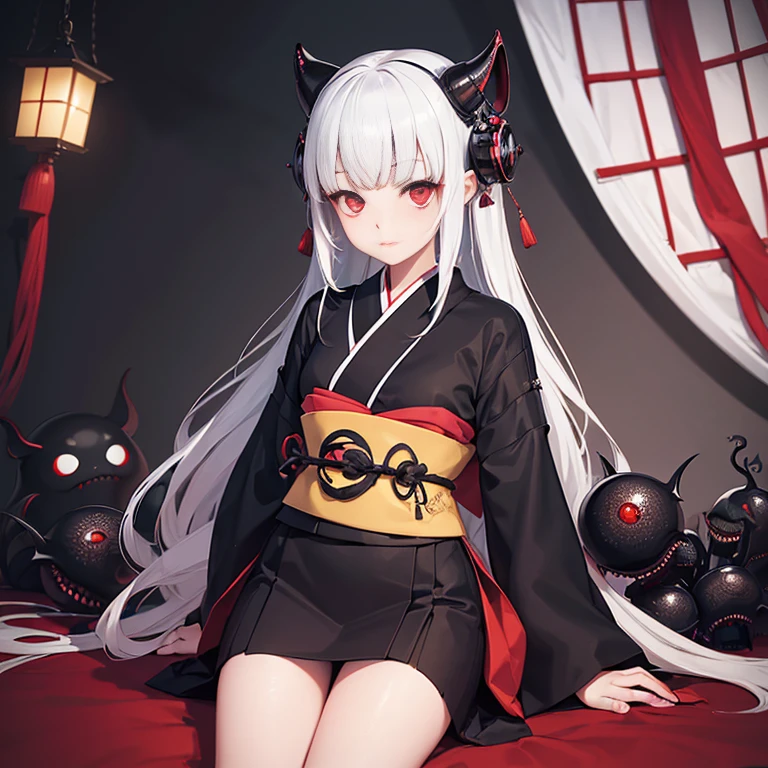 (1 girl:1.2), alone, Hime cut,japanese traditional clothing, red eyes,cartoon style, Joe Fenton, a black and white photo of deadpan, camp, unbecoming, gnawling, envy, Ghast (lovecraftian),Calm, soft smile, Wayne Barlowe,, in gochuumon wa usagi desu ka? style, nostalgic