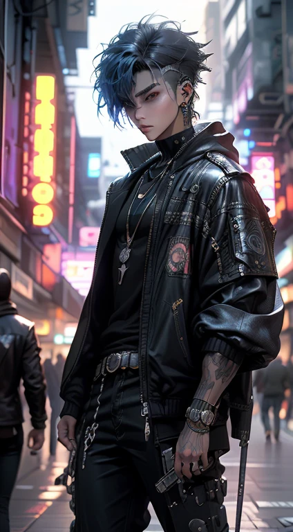 Anime male protagonist, punk style city. Mysterious and enigmatic
. Unique and original
. Unconventional and non-conformist
. Ambitious and visionary
. Sophisticated and refined;
. Impressive and imposing
. Calm and composed
. Serious and reserved
. Silent and reserved) hyper detail, high resolution, super detail, best quality, amazing, top quality, extremely detailed CG Unity 8k wallpaper, cinematic lighting, cyberpunk, dark boy, --auto --s2