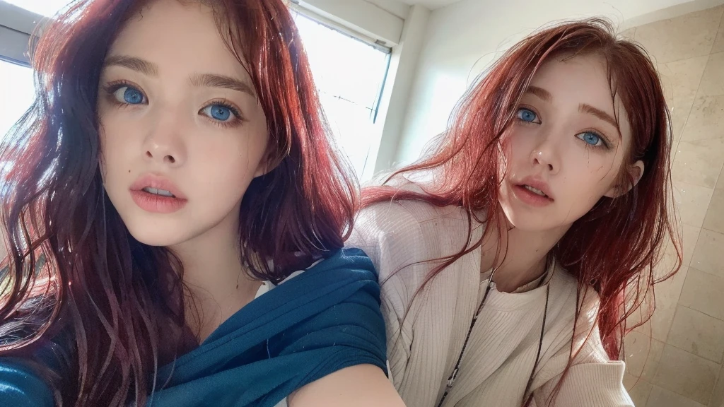 6 Beautiful handsome woman, ((top quality, 8k, masterpiece:1.retty woman, 1woman, huge breasts:1.3, slender figure:1.1, elastic red long hair, (shower, wet body, wet clothes:1.1), very detailed face, detailed lips, detailed eyes, double eyelids, detailed blue eyes, extremely detailed outstanding blue eyes, red wet hair, red wet hair, detailed outstanding BLUE EYES, innocent stare at the viewer, extremely wet wavy red hair, detailed outstanding BLUE EYES, raining outside