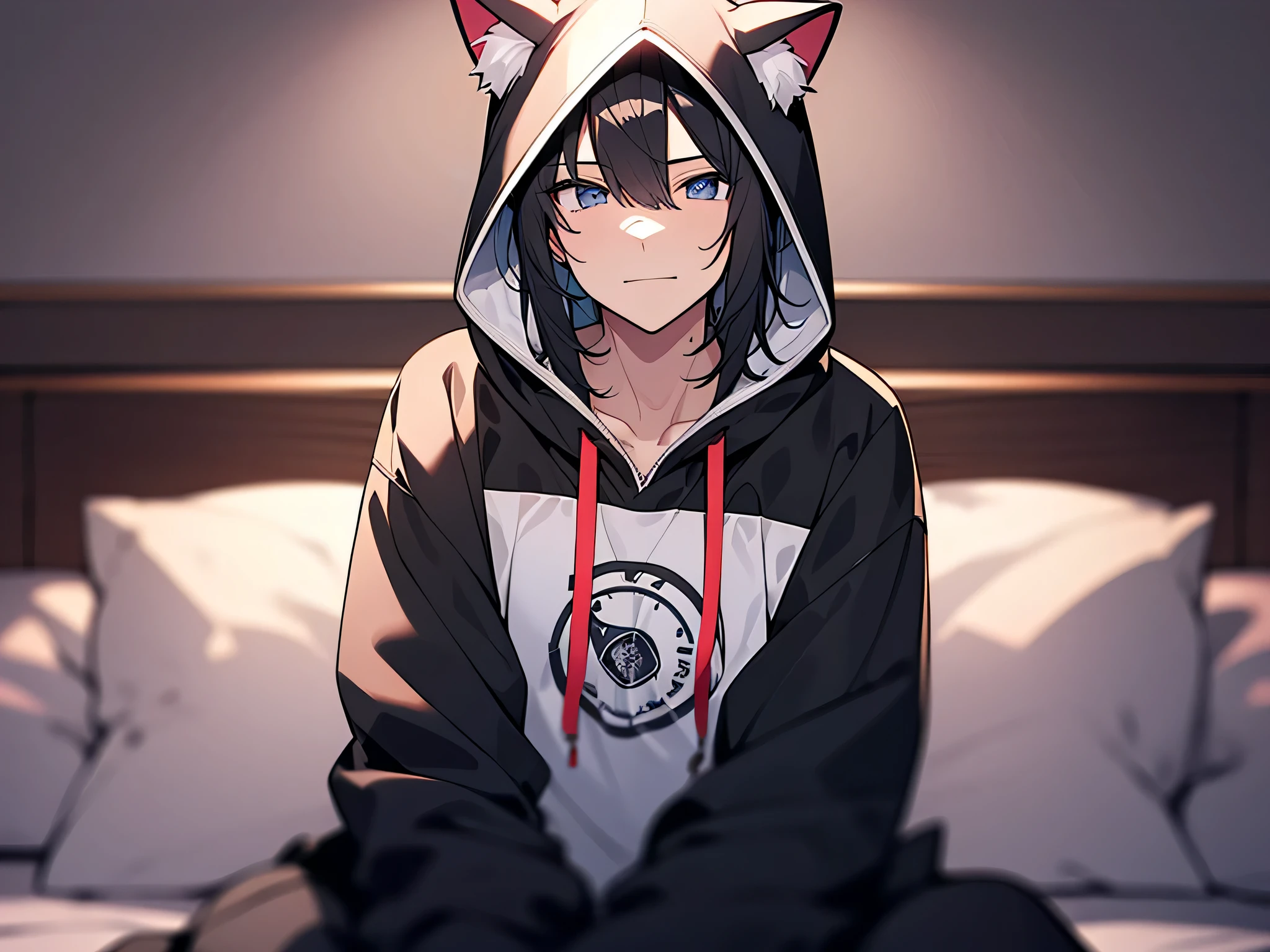 ((((man))),25 age,solo,black hair 1.5,cat ear hoodie,hoodie,Sitting on the edge of the bed in the room with an bashful(Indo blackened 1.5)(The background is in the room in the village:1.5),Anime style 4K,Anime rendering,style of anime,8K fineness,(Upper body display:1.5)(Cinematic lighting:1.5)