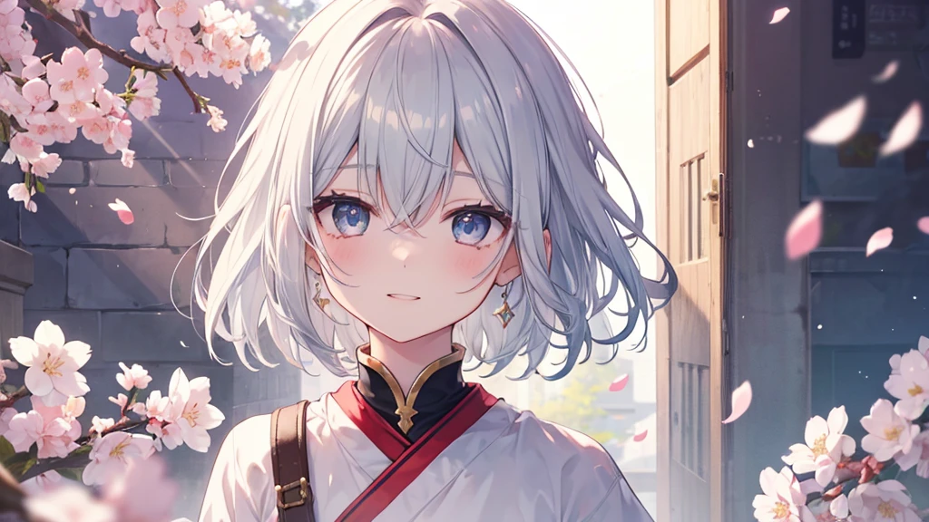 super high quality, with a girl, 20-year-old, very short hair, long bangs between the eyes, gray eyes , blue sky, sunlight, very detailed,(masterpiece、highest quality)、alone、gray hair、laughter、fantasy, silver hair, black eye, beautiful eyes,, ecstasy, charm, be smitten with audience, fantasyな風景、Princess、white clothes、cherry blossoms