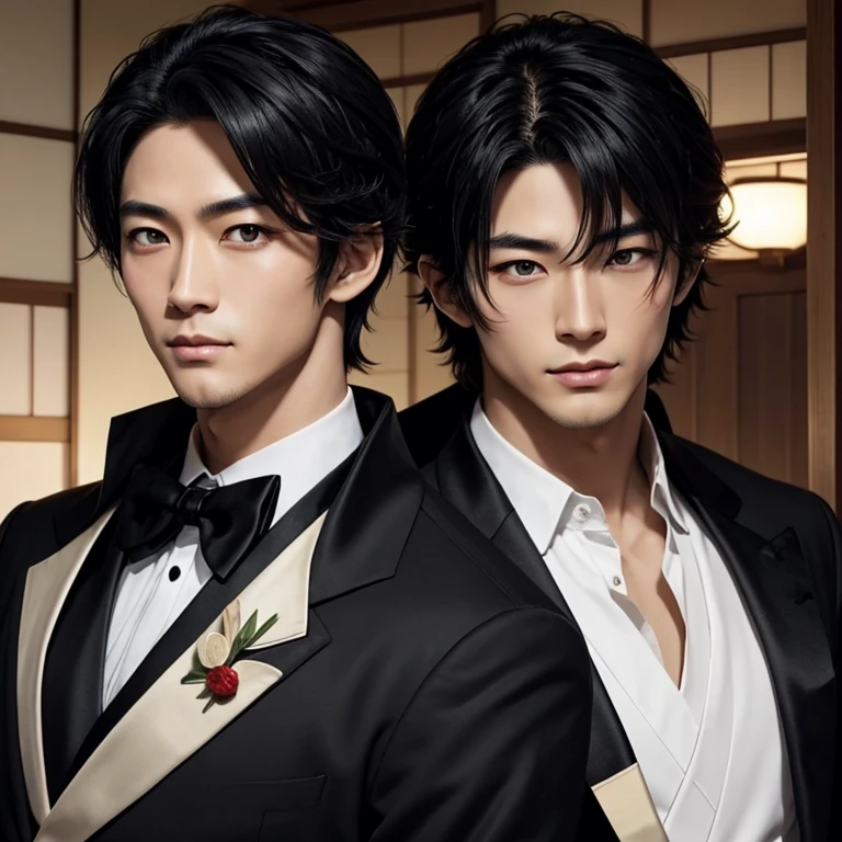 real japanese handsome、double eyelids、black hair、Tuxedo、cloak