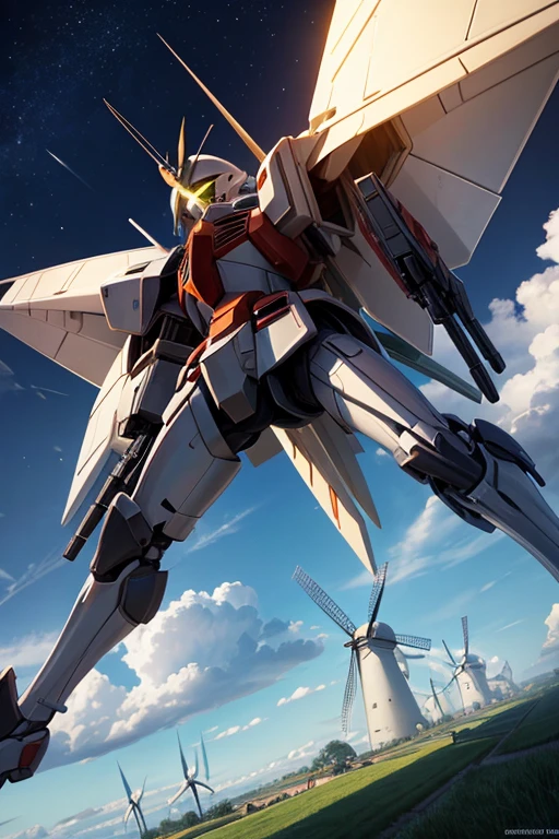 Three windMills line up in the field, windMills, windMills, Gundam is shaped like a windmill, Animation movie stills, turbines, animation stills, animation stills, missile turrets, medieval french landscape, 巨型中世纪塔concept art, Mills, Dutch Windmill Gundam, Animated static screenshots, small town background, concept art, concept art, production art