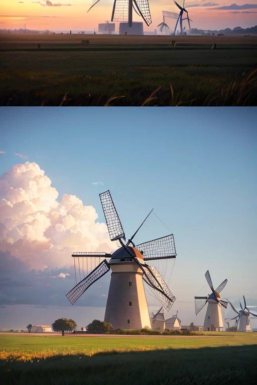 Three windMills line up in the field, windMills, windMills, Gundam is shaped like a windmill, Animation movie stills, turbines, animation stills, animation stills, missile turrets, medieval french landscape, 巨型中世纪塔concept art, Mills, Dutch Windmill Gundam, Animated static screenshots, small town background, concept art, concept art, production art