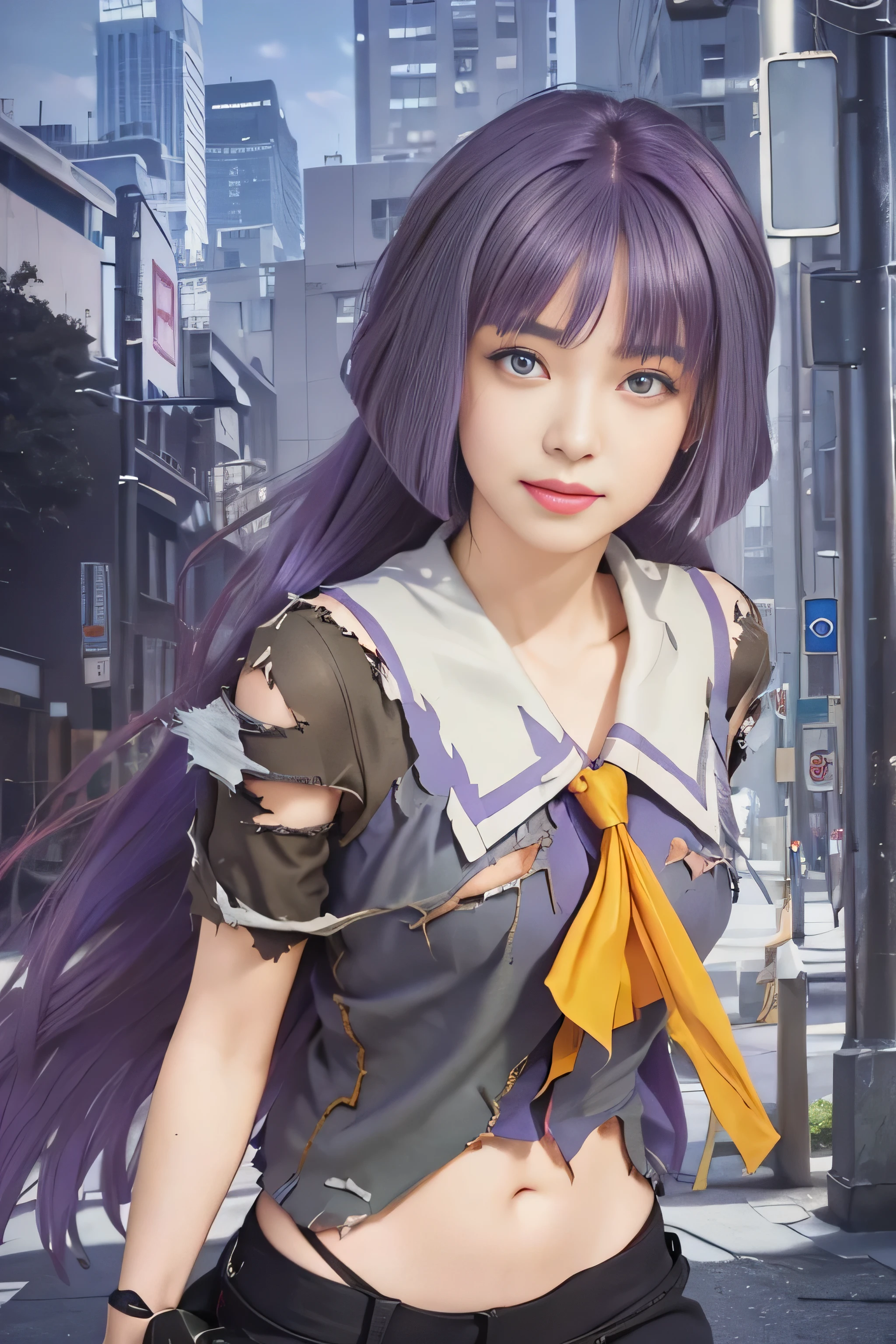 masterpiece, best quality, (realistic,photo-realistic:1.4), (RAW photo:1.2), extremely detailed CG unity 8k wallpaper, delicate and beautiful, amazing,finely detail, official art, absurdres, incredibly absurdres, huge filesize, ultra-detailed,extremely detailed eyes and face,light on face,little smile,asuna yuuki,(caramel hair:1.4),long hair,kakei sumire,(purple hair:1.4),(wearing torn clothes:1.5),school uniform,downtown