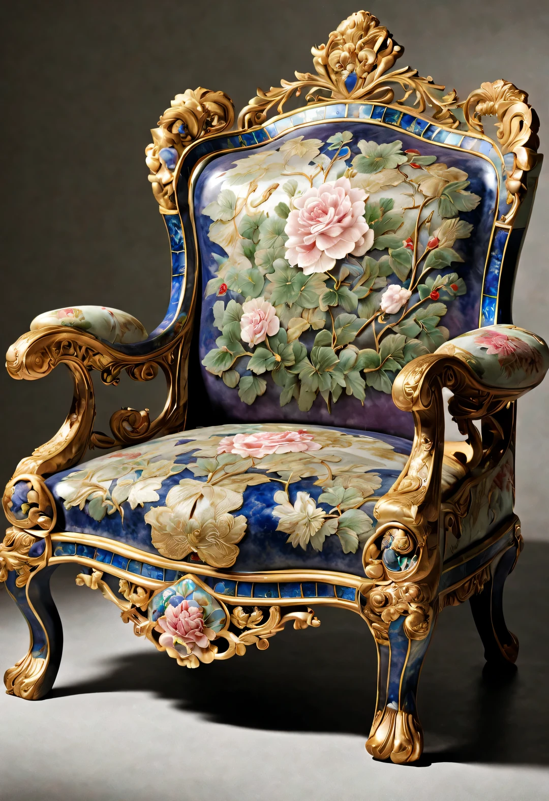 ultra high definition, masterpiece, Accurate, Super details, high detail, high quality, Award-winning, best quality, high-rise, 16k, ambientlighting, background: simple gold,
an art deco, (Close-up of the front of the chair), (Chinese cloisonné style),
The imperial palace chair inlaid with cloisonn é is a traditional furniture made of high-quality white acid branch wood. Made of copper wire enamel，The chair has exquisite patterns on its surface. These patterns are made using the cloisonné process. The seat of the chair is round, The seat plate is square,
The color of the chair is sky blue (light blue), Sapphire blue (lapis lazuli), Red, verde claro, Dark Green (semi transparent exitite color), white (car curve color), purple (Glass texture amethyst color), magenta (rose), and emerald blue,
The chair is inlaid with rubies, emeralds, lapis lazuli, black mussels, exit, pearl, and coloRed glass
It has a very rich decorative technique, dignified and gorgeous appearance, Simple and clear, Highlight the luxurious and rich visual aesthetics,