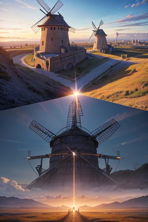 (best quality,4k,8k,highres,masterpiece:1.2),ultra-detailed,(realistic,photorealistic,photo-realistic:1.37),windmills,windmills,wind turbine-shaped Gundam,animated movie still,turbine,animated movie still,animated still,missile turret,medieval French landscape,giant medieval tower concept art,windmills,Dutch windmill Gundam,animated static screenshot,town background,concept art,concept art,medium

Explanation:
In this prompt, we are generating a high-quality image with the theme of windmills. The main elements of the image are three windmills lined up in a field. The windmills are specifically described as being shaped like Gundam (a popular robot franchise). We also include additional details such as turbine, missile turret, medieval French landscape, giant medieval tower concept art, and a town background. The prompt also emphasizes the quality of the image, requesting it to be the best quality, ultra-detailed, and realistic. The art style is left open-ended, indicated by the "medium" tag.