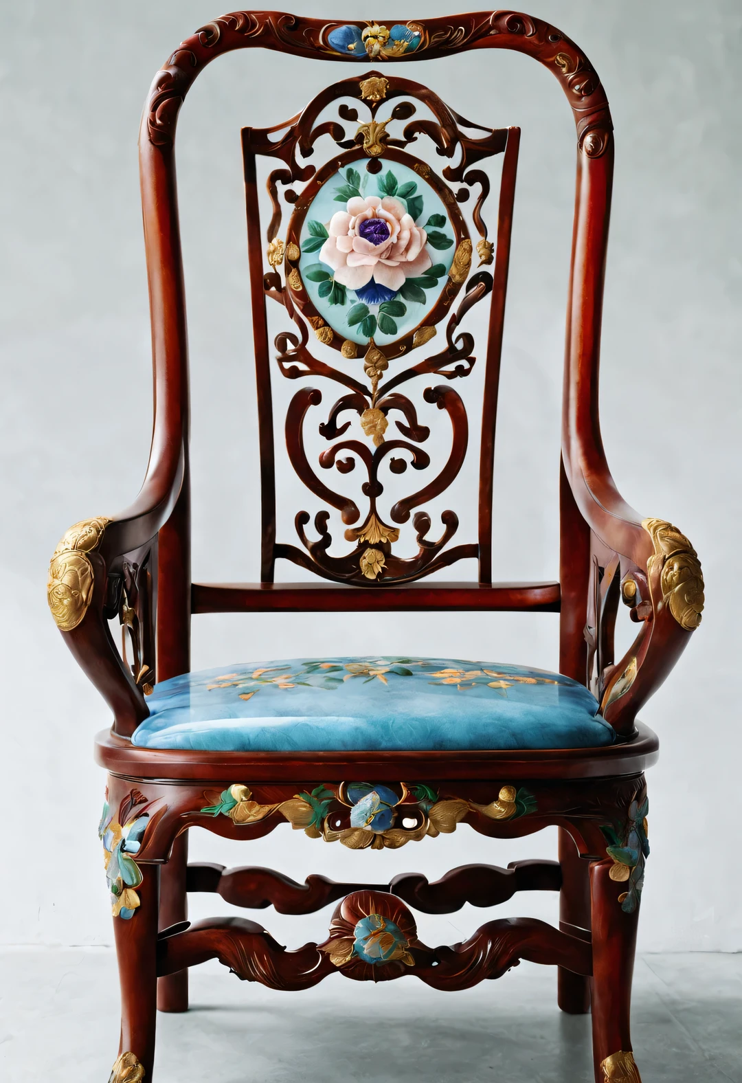 ultra high definition, masterpiece, Accurate, Super details, high detail, high quality, Award-winning, best quality, high-rise, 16k, ambientlighting, background: simple gold,
an art deco, (Close-up of the front of the chair), (Chinese cloisonné style),
The imperial palace chair inlaid with cloisonn é is a traditional furniture made of high-quality white acid branch wood. Made of copper wire enamel，The chair has exquisite patterns on its surface. These patterns are made using the cloisonné process. The seat of the chair is round, The seat plate is square,
The color of the chair is sky blue (light blue), Sapphire blue (lapis lazuli), Red, verde claro, Dark Green (semi transparent exitite color), white (car curve color), purple (Glass texture amethyst color), magenta (rose), and emerald blue,
The chair is inlaid with rubies, emeralds, lapis lazuli, black mussels, exit, pearl, and coloRed glass
It has a very rich decorative technique, dignified and gorgeous appearance, Simple and clear, Highlight the luxurious and rich visual aesthetics,