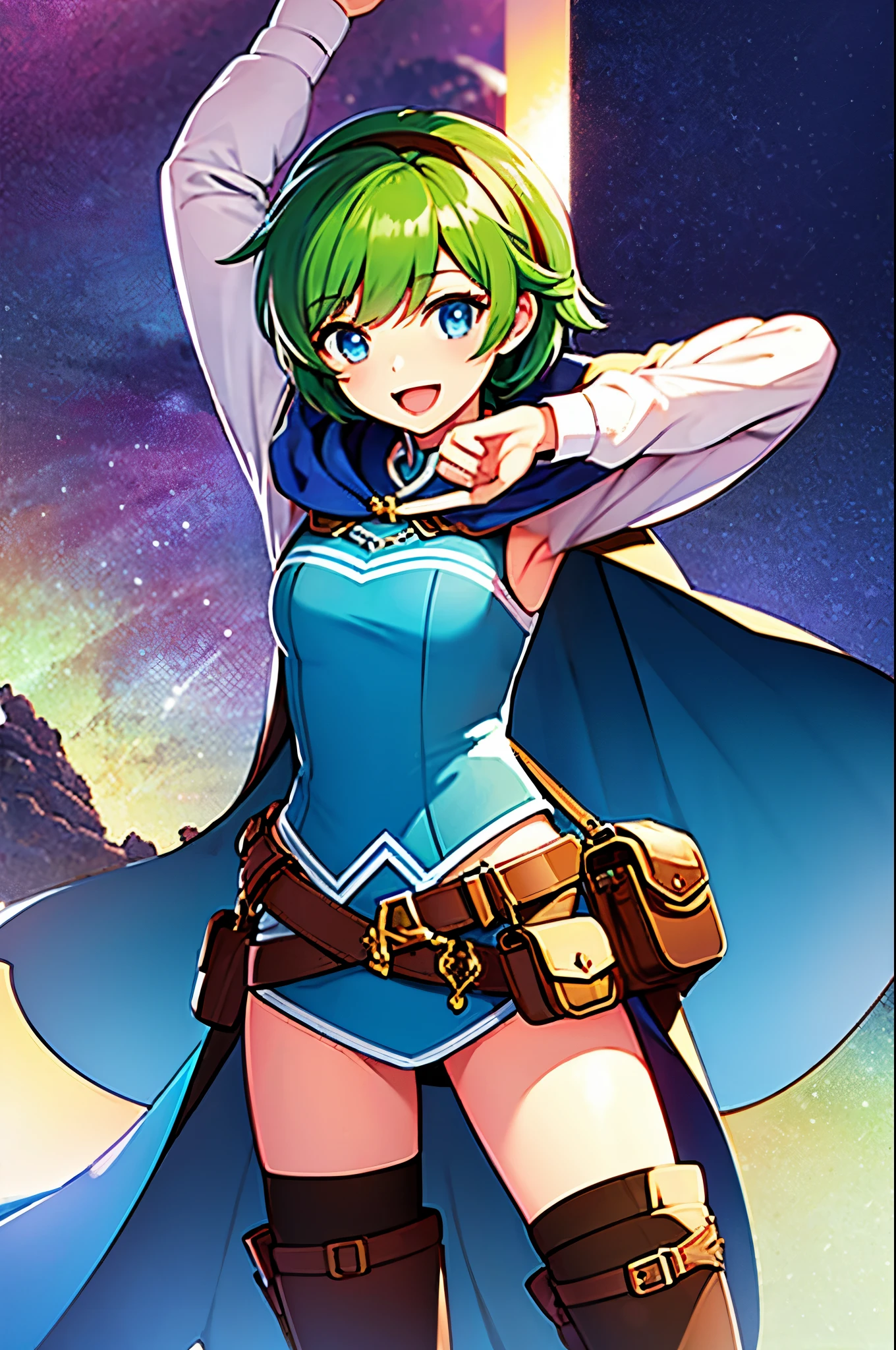 1girl, :d, arms_up, belt, blue_eyes, blue_footwear, boots, cape, checkered_background, copyright_name, fire_emblem, fire_emblem:_the_blazing_blade, green_hair, hairband, lowres, nino_(fire_emblem), open_mouth, pink_background, smile, solo, umejiso