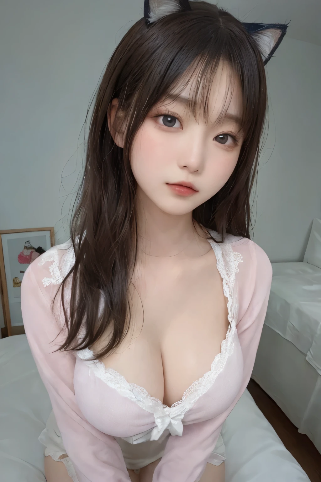 (masterpiece, the best_quality, Super detailed, 8k, ultra high definition, flawless:1.latin blue hair, blue hair,catwoman,, cat ears, glowing pink eyes, Shy, Compliant, Blushed, Wet oily skin, on the bed, Big deal胸, heart tattoo above, , Big deal腿粗, Beautiful hip curve, 巨Big deal, only, tight skin, scantily clad,Pink lace top, collar, facing the audience, Windows, bedroom, midnight, y,,japanese goddess, Cardigan shirt, korean girl, 美丽的asian girl, V-shaped bust clothes, low cut,巨Big deal,Expose the upper half of the chest,not compact,下垂的Big deal胸,Gorgeous Chinese model, Beautiful young Korean woman, Japanese model, thick lips,duck mouth,asian girl, Beautiful young Korean woman, wearing shirt, beautiful korean woman, 坐on the bed, Looking to the future,巨Big deal,Big deal,up,portrait photo,super closeup,face camera,Take photos carefully
