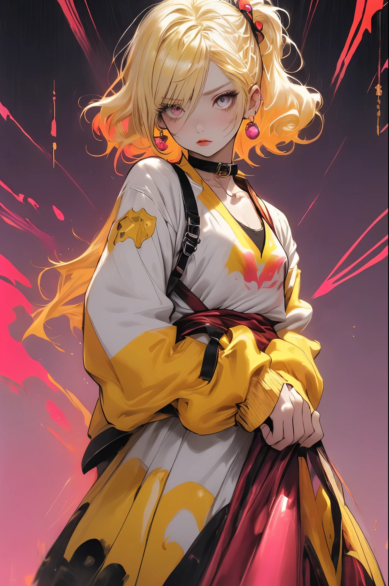 Upper body standing painting, yellow style, (1 ), (alone), (cent, small), long blonde hair, looking at the viewer, Blue eyes background, white background, gem, Jacket, golden hair、straight hair, right ear ring, red eyes, choker necklace, sweater, eyelash, cosmetics, curly, punching, lipstick, ear piercing, eye shadow, hoop earrings, Red-pink lips, multicolored eyes, Yellow theme, 赤いeye shadow,Wearing a rainbow-colored aura from the whole body、purplish color, outdoor, Purple background, upward glance、Shadow lighting,Hands folded behind the waist,Decisive pose、Detailed CG, (perfect hands, perfect anatomy,Cherry hairpin、accessories