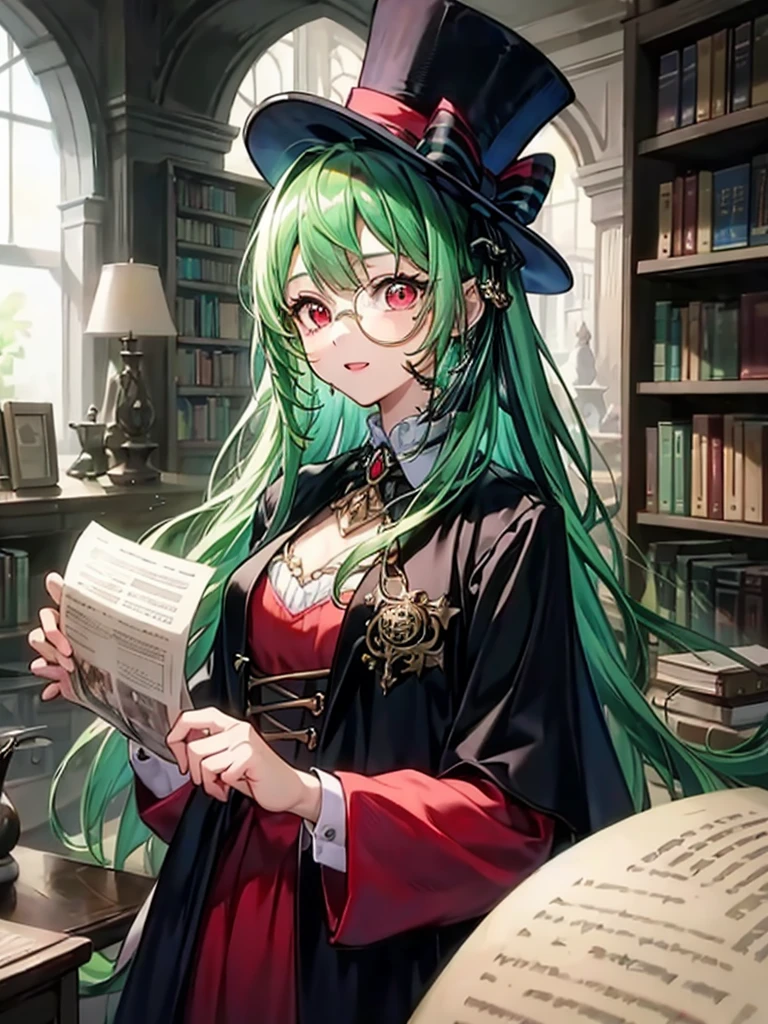 （（（masterpiece、Highest image quality、highest quality、highly detailed unity 8ｋwallpaper）））、（（Illustration of one girl、upper body））、（（（beautiful girl）））、（librarian）、（Emerald green hair、sidelocks：1.2、red eyes、crazy smile）、（（（flat chest）））、（（（monocle）））、pocket watch、（（（Black top hat、Black tuxedo）））、great medieval library、Large amount of books