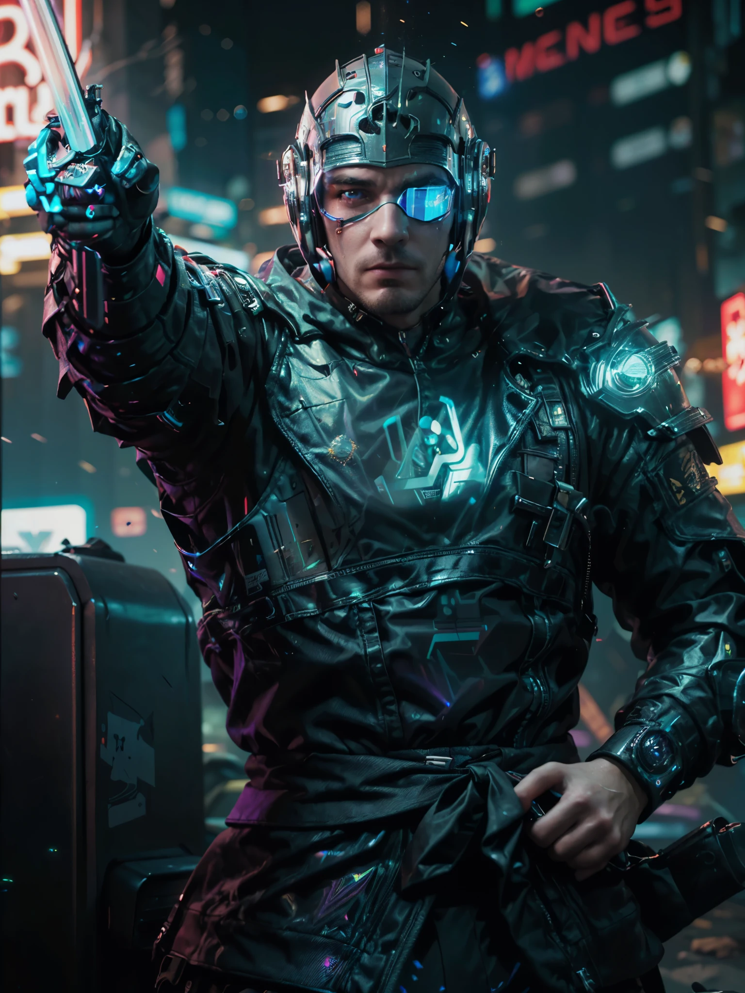 (holding sword),(lifelike:1.4), top quality, Super detailed details, (Cyberpunk middle-aged man),((Medieval times and technology and futuristic and glowing knight helmets:1.2)), (An eye with a high-tech monolithic display: 1.3), ((Cyberpunk 2077 cityscape)), (Cyberpunk aesthetics and atmosphere:1.3),Hacker attacks computer terminal, Monitor glows with purple neon light, (Colorful cyberpunk costumes:1.3), (High-tech and holographic clothing:1.3)
