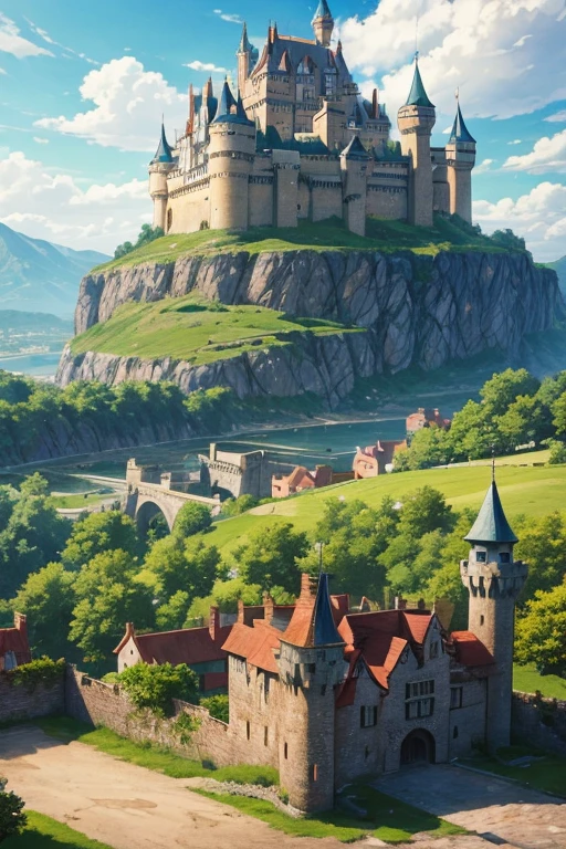 Photo of the castle taken from a distance,There is a dog in the foreground, castle scene comics, attack on titan scenery, anime scenery, anime rural scenery, Castle setting, anime scene, castle background, Bastion Gateway, background fortress, beautiful anime scenery, ( castle in background ), Huge city walls, anime background art, (attack on titan animation)