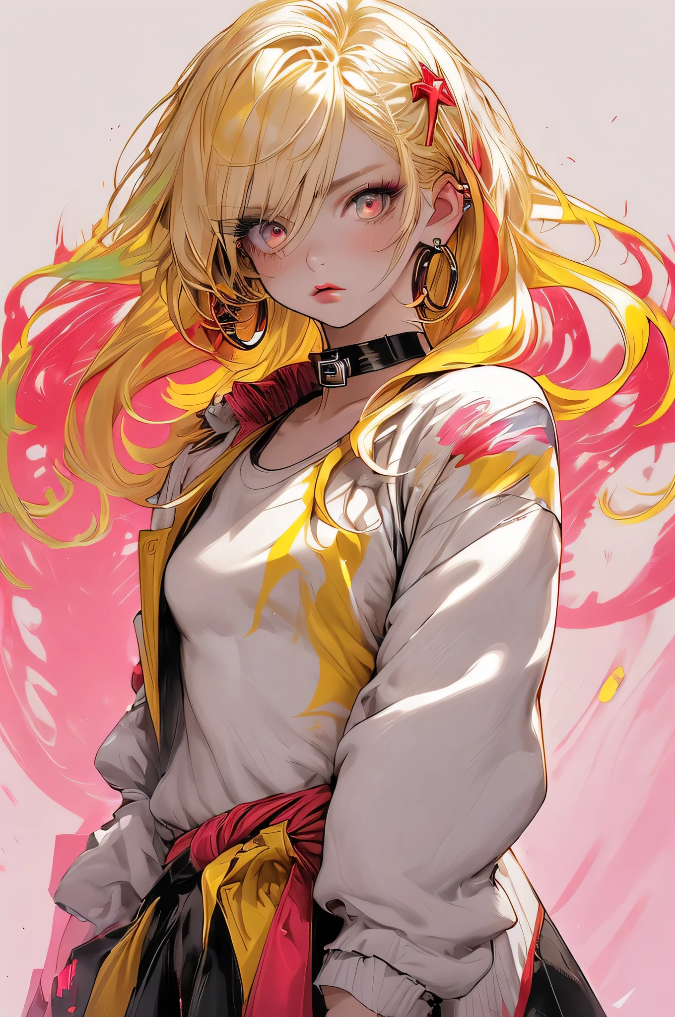 Upper body standing painting, yellow style, (1 ), (alone), (cent, small), long blonde hair, looking at the viewer, Blue eyes background, white background, gem, Jacket, golden hair、straight hair, right earring, red eyes, choker necklace, sweater, eyelash, cosmetics, curly, punching, lipstick, ear piercing, eye shadow, hoop earrings, Red-pink lips, multicolored eyes, Yellow theme, 赤いeye shadow,Wearing a rainbow-colored aura from the whole body、purplish color, outdoor, Purple background, upper grade、Shadow lighting,Hands folded behind the waist,Decisive pose、Detailed CG, (perfect hands, perfect anatomy,Cherry Hairpin、accessories