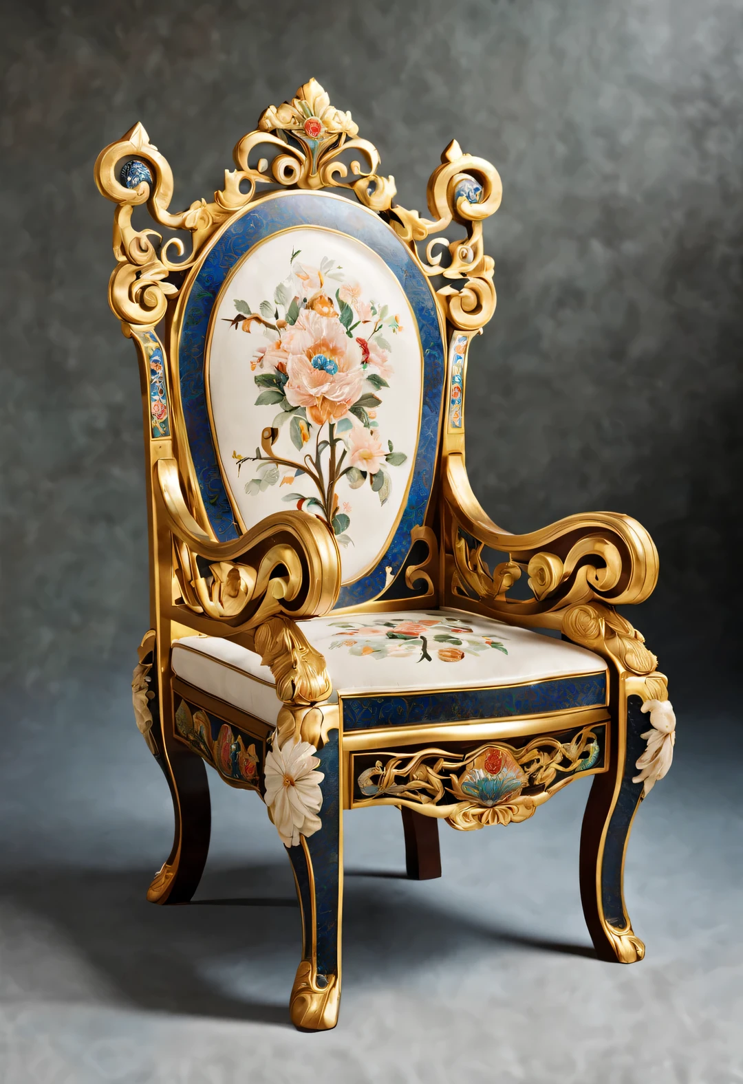 ultra high definition，masterpiece，precise，Super detailed，high detail，high quality，Award-winning，best quality，high-rise，16k，background：simple gold，
Decorative Arts，（Close-up of the front of the chair），（Chinese cloisonné style），
Inlaid cloisonné palace chair，It is a traditional furniture made of high quality white rosewood.，Copper cloisonné enamel tire，The chair has exquisite patterns on its surface，These patterns are made using the cloisonné process，The chair ring is round，The seats are square，