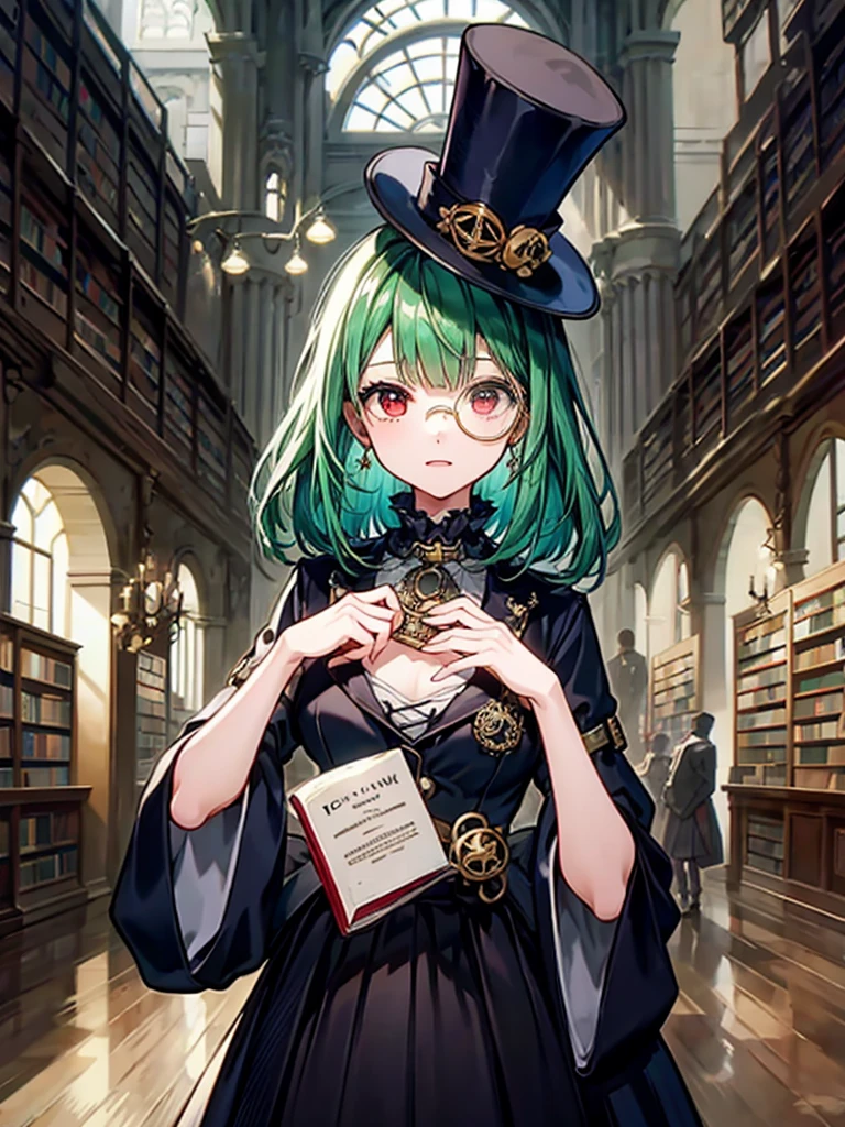 (((masterpiece、Highest image quality、highest quality、highly detailed unity 8kwallpaper)))、((Illustration of one girl、upper body))、(((beautiful girl)))、(librarian)、(Emerald green hair、sidelocks:1.2、red eyes、crazy smile)、(((flat chest)))、(((monocle)))、pocket watch、(((Black top hat、Black tuxedo)))、great medieval library、Large amount of books