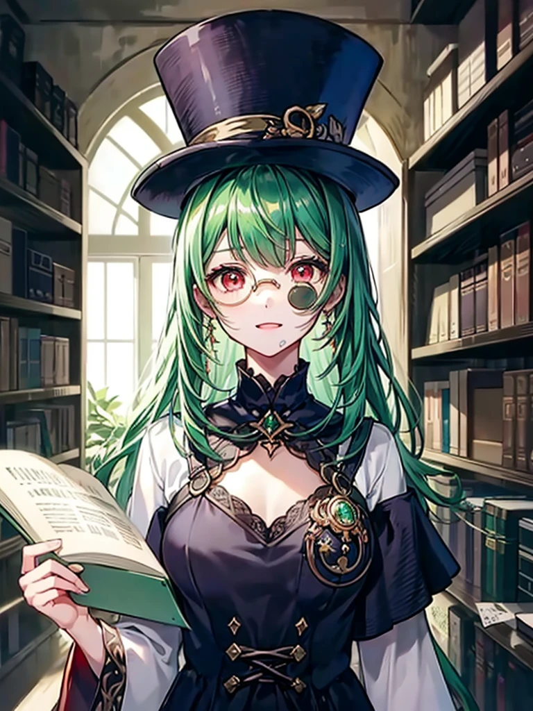 (((masterpiece、Highest image quality、highest quality、highly detailed unity 8kwallpaper)))、((Illustration of one girl、upper body))、(((beautiful girl)))、(librarian)、(Emerald green hair、sidelocks:1.2、red eyes、crazy smile)、(((flat chest)))、(((monocle)))、pocket watch、(((Black top hat、Black tuxedo)))、great medieval library、Large amount of books