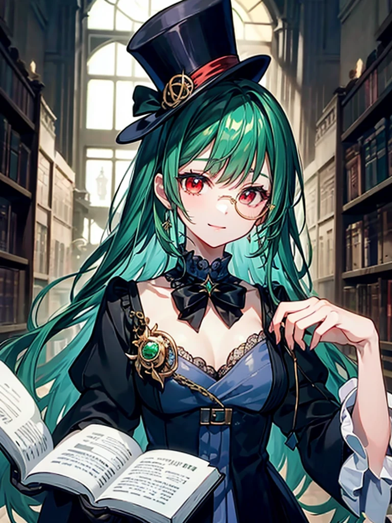 (((masterpiece、Highest image quality、highest quality、highly detailed unity 8kwallpaper)))、((Illustration of one girl、upper body))、(((beautiful girl)))、(librarian)、(Emerald green hair、sidelocks:1.2、red eyes、crazy smile)、(((flat chest)))、(((monocle)))、pocket watch、(((Black top hat、Black tuxedo)))、great medieval library、Large amount of books