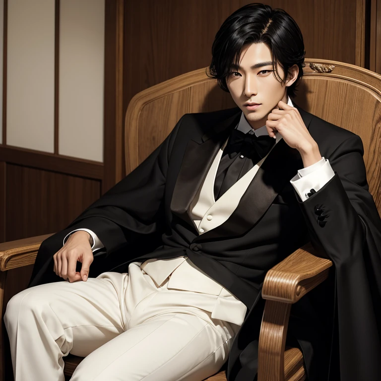 real japanese handsome、double eyelids、black hair、Tuxedo、cloak、sitting in a chair
