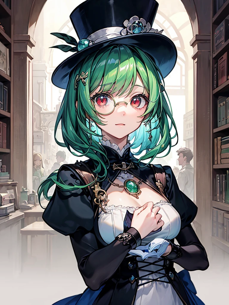 (((masterpiece、Highest image quality、highest quality、highly detailed unity 8kwallpaper)))、((Illustration of one girl、upper body))、(((beautiful girl)))、(librarian)、(Emerald green hair、sidelocks:1.2、red eyes、crazy smile)、(((flat chest)))、(((monocle)))、pocket watch、(((Black top hat、Black tuxedo)))、great medieval library、Large amount of books