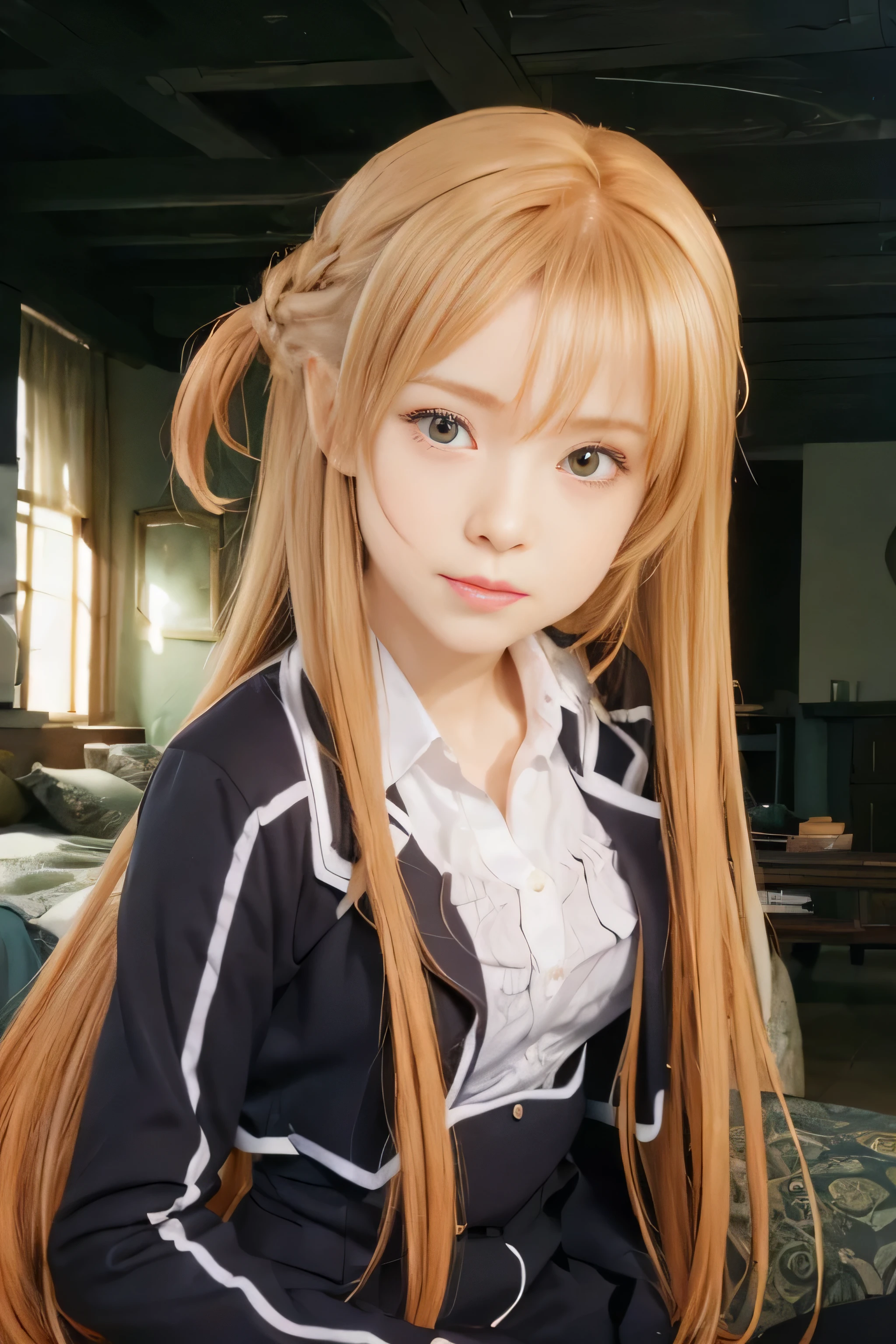 masterpiece, best quality, (realistic,photo-realistic:1.4), (RAW photo:1.2), extremely detailed CG unity 8k wallpaper, delicate and beautiful, amazing,finely detail, official art, absurdres, incredibly absurdres, huge filesize, ultra-detailed,extremely detailed eyes and face,light on face,little smile,asuna yuuki,(caramel hair:1.4),long hair,abandoned room,white shirt,black blazers