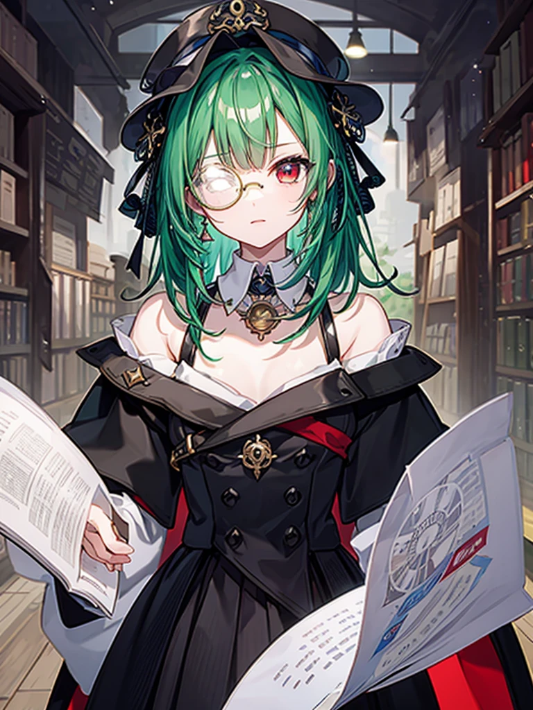 (((masterpiece、Highest image quality、highest quality、highly detailed unity 8kwallpaper)))、((Illustration of one girl、upper body))、(((beautiful girl)))、(librarian)、(Emerald green hair、sidelocks:1.2、red eyes、crazy smile)、(((flat chest)))、(((monocle)))、pocket watch、(((Black top hat、Black tuxedo)))、great medieval library、Large amount of books