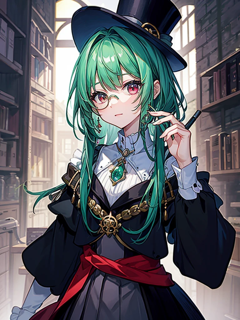 (((masterpiece、Highest image quality、highest quality、highly detailed unity 8kwallpaper)))、((Illustration of one girl、upper body))、(((beautiful girl)))、(librarian)、(Emerald green hair、sidelocks:1.2、red eyes、crazy smile)、(((flat chest)))、(((monocle)))、pocket watch、(((Black top hat、Black tuxedo)))、great medieval library、Large amount of books