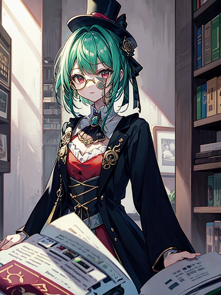 （（（masterpiece、Highest image quality、highest quality、highly detailed unity 8ｋwallpaper）））、（（Illustration of one girl、upper body））、（（（beautiful girl）））、（librarian）、（Emerald green hair、sidelocks：1.2、red eyes、crazy smile）、（（（flat chest）））、（（（monocle）））、pocket watch、（（（Black top hat、Black tuxedo）））、great medieval library、Large amount of books